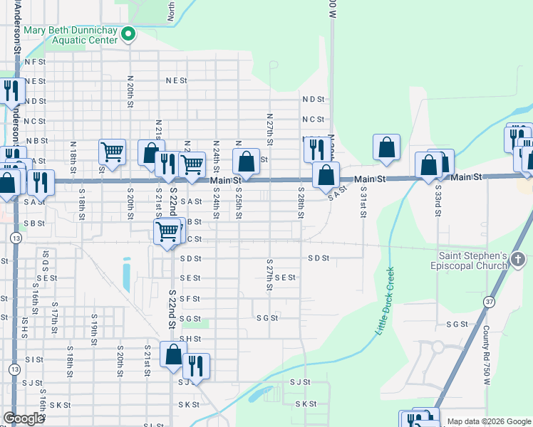 map of restaurants, bars, coffee shops, grocery stores, and more near 2735 South B Street in Elwood