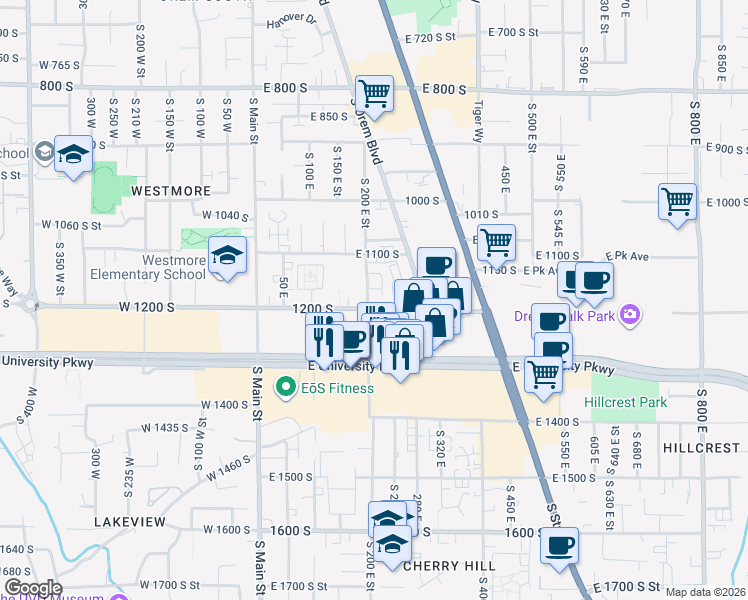 map of restaurants, bars, coffee shops, grocery stores, and more near 204 1200 South in Orem