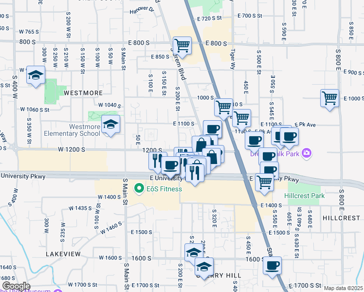 map of restaurants, bars, coffee shops, grocery stores, and more near 204 1200 South in Orem