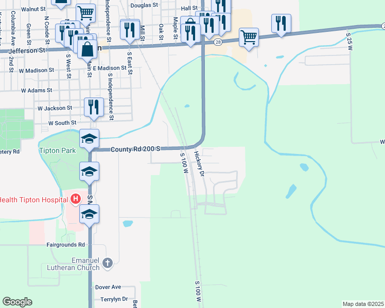 map of restaurants, bars, coffee shops, grocery stores, and more near 634 Hickory Drive in Tipton