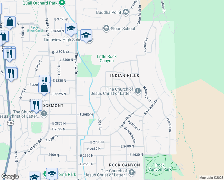 map of restaurants, bars, coffee shops, grocery stores, and more near 3093 Cherokee Lane in Provo