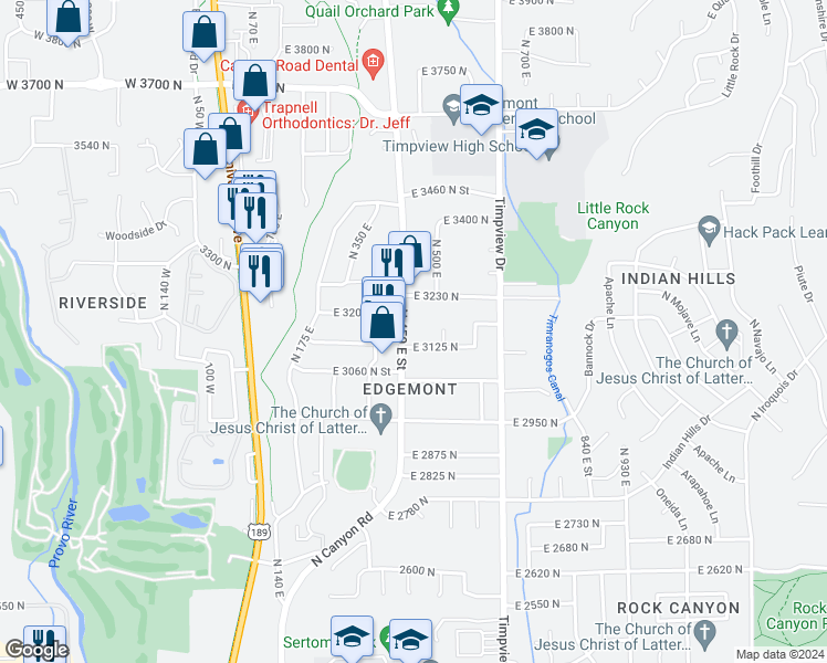 map of restaurants, bars, coffee shops, grocery stores, and more near 422 East 3125 North in Provo