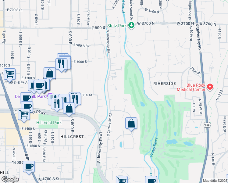 map of restaurants, bars, coffee shops, grocery stores, and more near 1205 Carterville Road in Orem