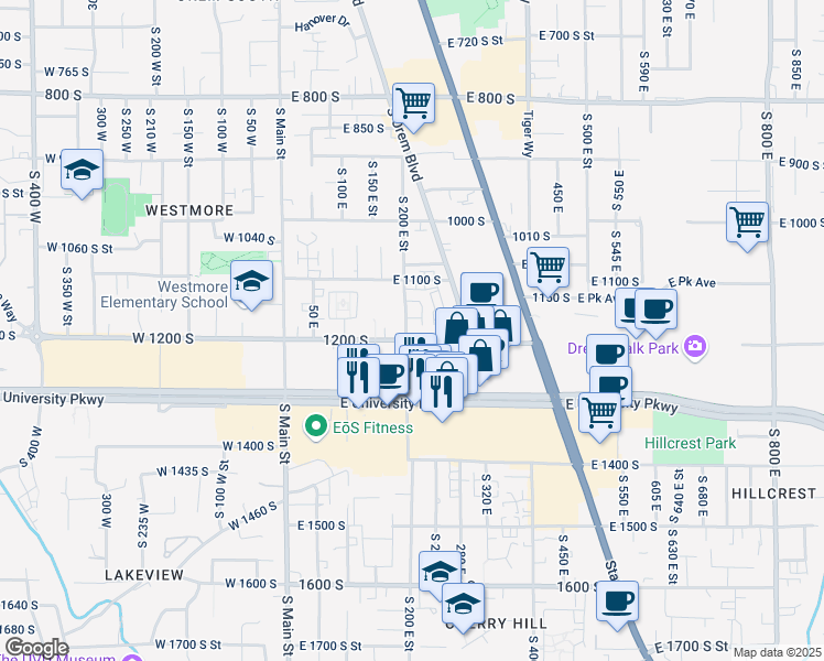 map of restaurants, bars, coffee shops, grocery stores, and more near 204 1200 South in Orem