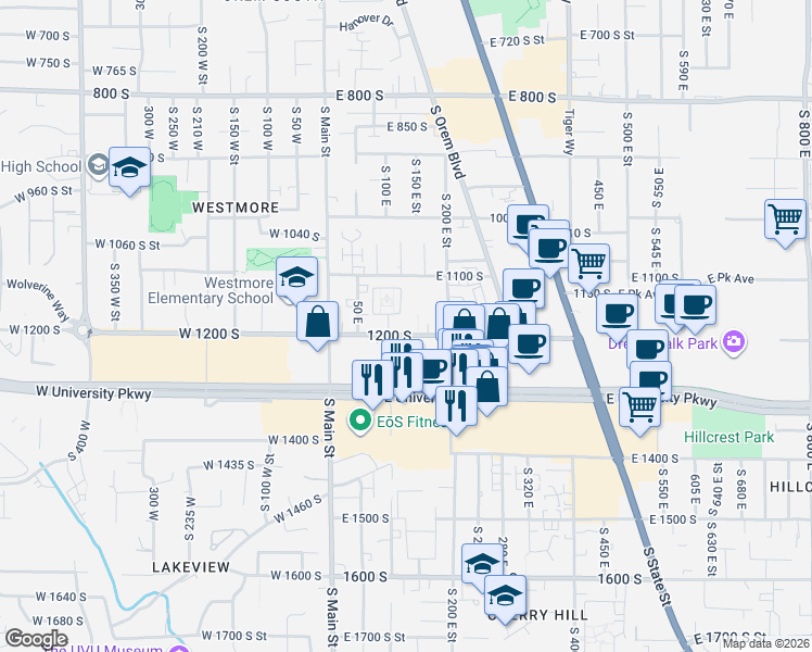 map of restaurants, bars, coffee shops, grocery stores, and more near 146 1200 South in Orem
