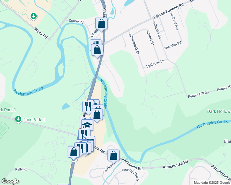 map of restaurants, bars, coffee shops, grocery stores, and more near 98 Duane Road in Doylestown