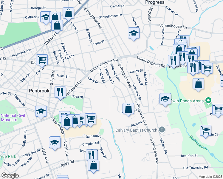 map of restaurants, bars, coffee shops, grocery stores, and more near 3202 Lescure Avenue in Harrisburg