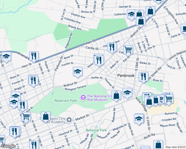 map of restaurants, bars, coffee shops, grocery stores, and more near 2309 Hoffer Street in Harrisburg