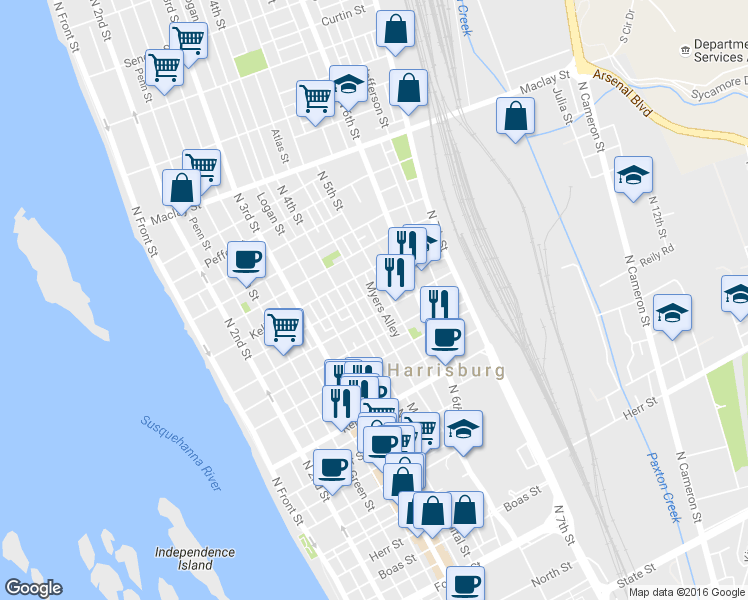 map of restaurants, bars, coffee shops, grocery stores, and more near 420 Hamilton Street in Harrisburg
