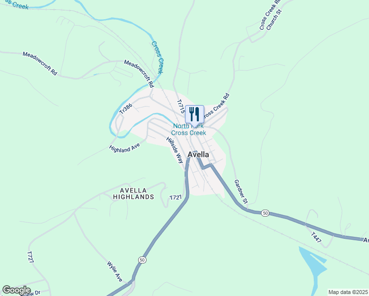 map of restaurants, bars, coffee shops, grocery stores, and more near 1610 Avella Road in Avella