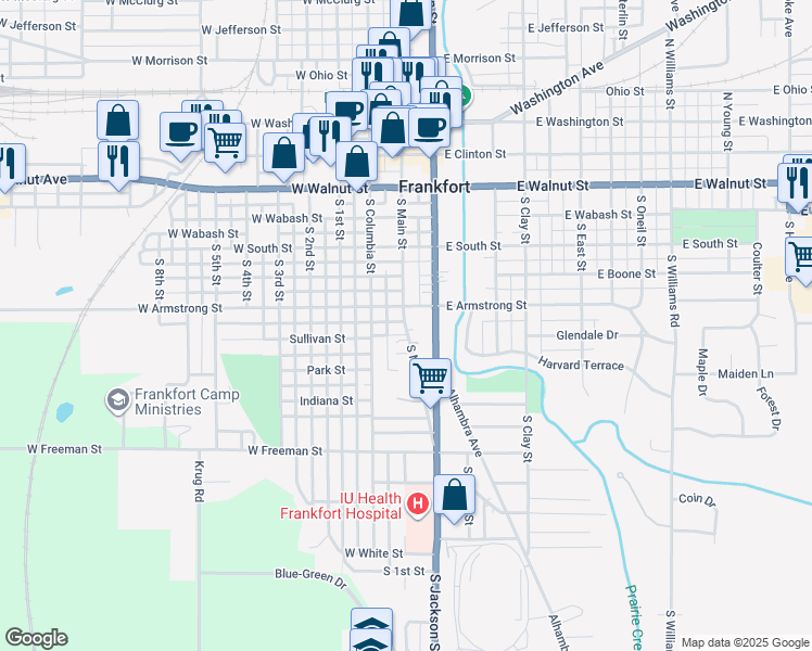 map of restaurants, bars, coffee shops, grocery stores, and more near 751 South Columbia Street in Frankfort