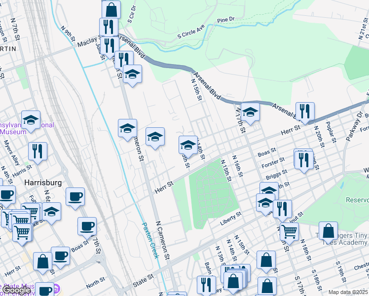 map of restaurants, bars, coffee shops, grocery stores, and more near 1215 North 13th Street in Harrisburg