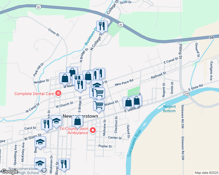 map of restaurants, bars, coffee shops, grocery stores, and more near 131 Chestnut Street in Newcomerstown