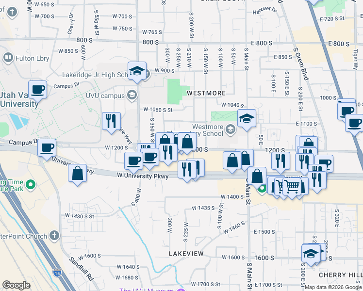 map of restaurants, bars, coffee shops, grocery stores, and more near 222 West University Parkway in Orem