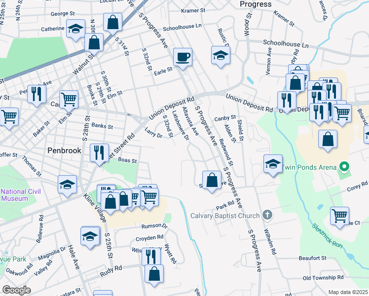 map of restaurants, bars, coffee shops, grocery stores, and more near 3202 Lescure Avenue in Harrisburg