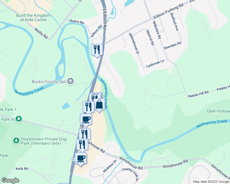 map of restaurants, bars, coffee shops, grocery stores, and more near 92 Duane Road in Doylestown