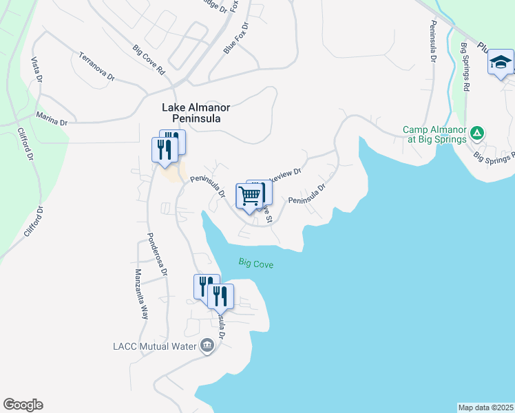 map of restaurants, bars, coffee shops, grocery stores, and more near 307 Peninsula Drive in Lake Almanor Peninsula