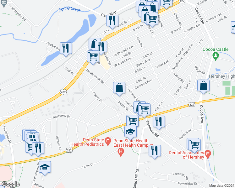 map of restaurants, bars, coffee shops, grocery stores, and more near 415 Hockersville Road in Hershey