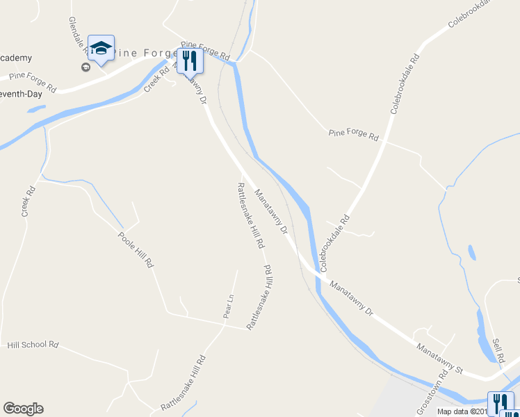 map of restaurants, bars, coffee shops, grocery stores, and more near 1438 Manatawny Drive in Boyertown