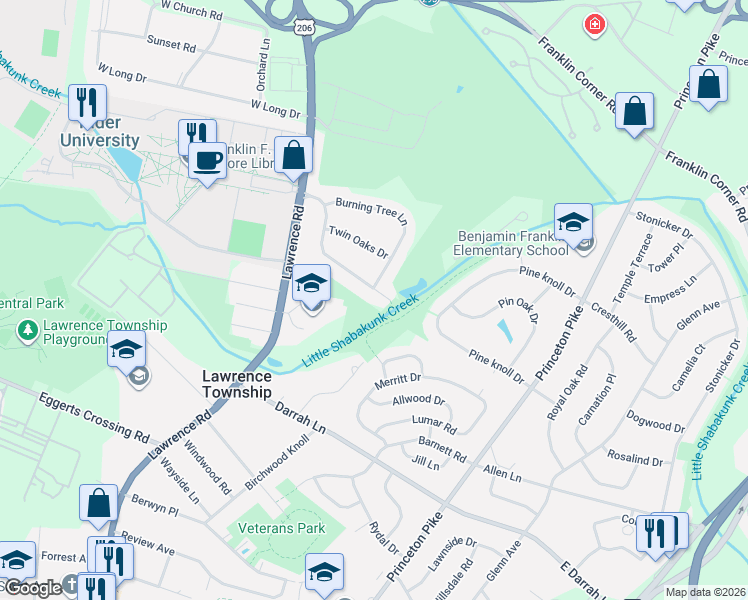 map of restaurants, bars, coffee shops, grocery stores, and more near 31 Vanderveer Drive in Lawrence Township