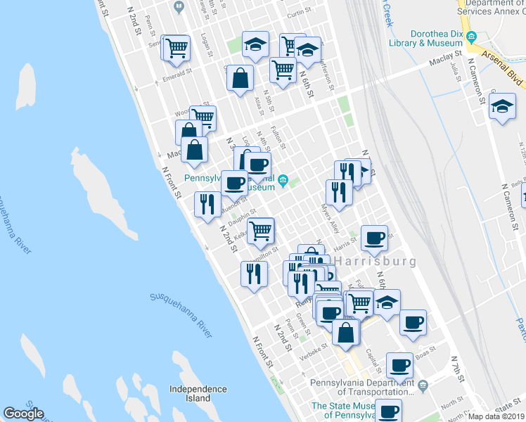 map of restaurants, bars, coffee shops, grocery stores, and more near 1814 North 3rd Street in Harrisburg