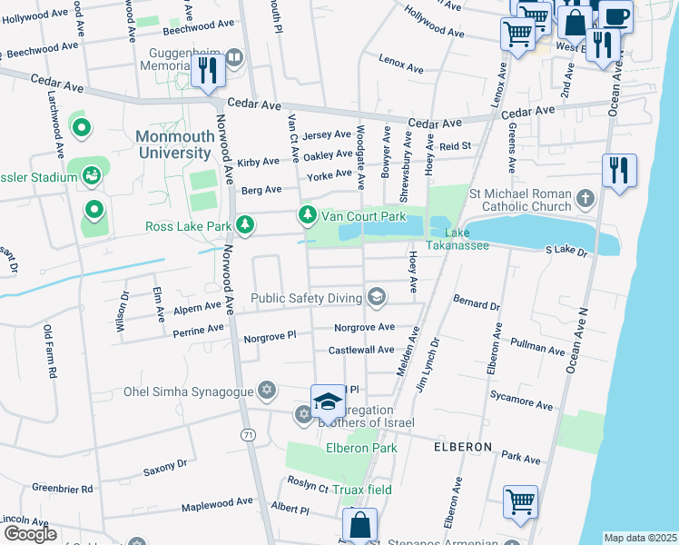 map of restaurants, bars, coffee shops, grocery stores, and more near 286 Cummings Avenue in Long Branch