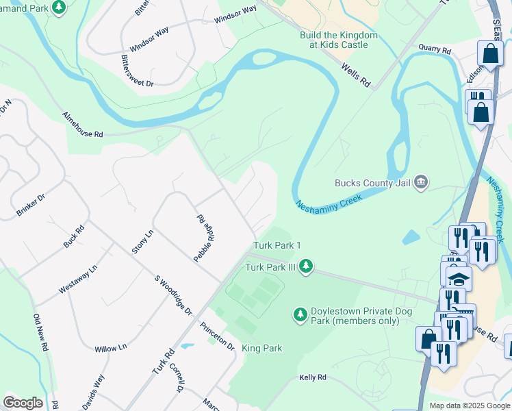 map of restaurants, bars, coffee shops, grocery stores, and more near Doe Run Drive in Bucks County