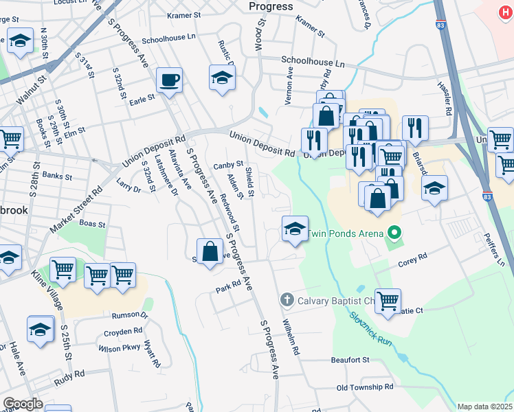 map of restaurants, bars, coffee shops, grocery stores, and more near 601 Wilhelm Road in Paxtang