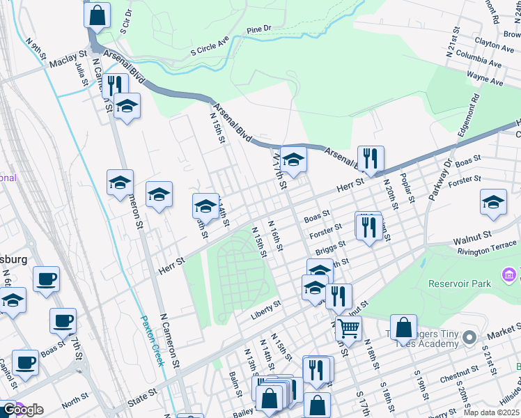 map of restaurants, bars, coffee shops, grocery stores, and more near 1110 North 16th Street in Harrisburg