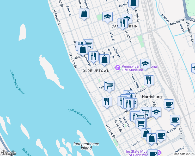 map of restaurants, bars, coffee shops, grocery stores, and more near 209 Muench Street in Harrisburg