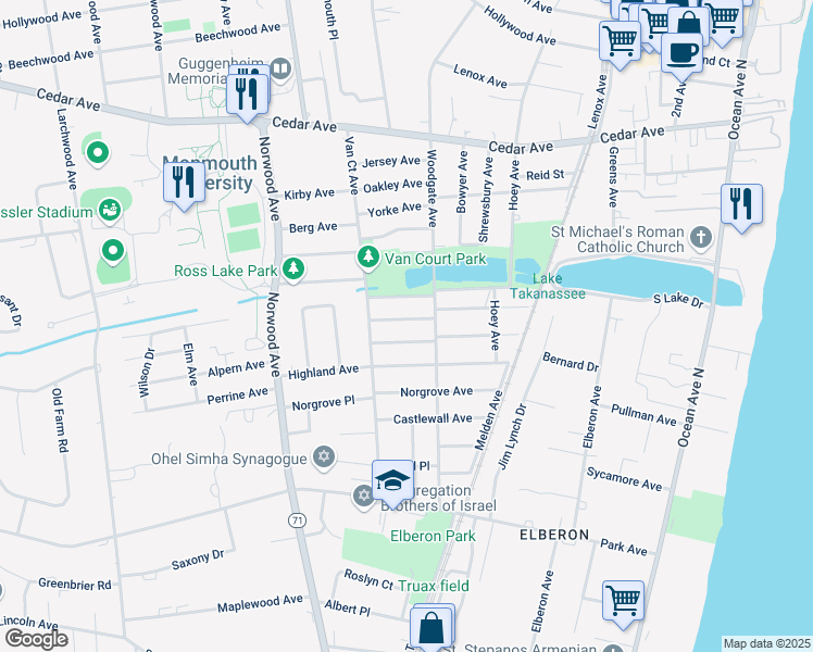 map of restaurants, bars, coffee shops, grocery stores, and more near 296 Lockwood Avenue in Long Branch