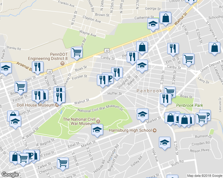 map of restaurants, bars, coffee shops, grocery stores, and more near 2309 Walnut Street in Harrisburg