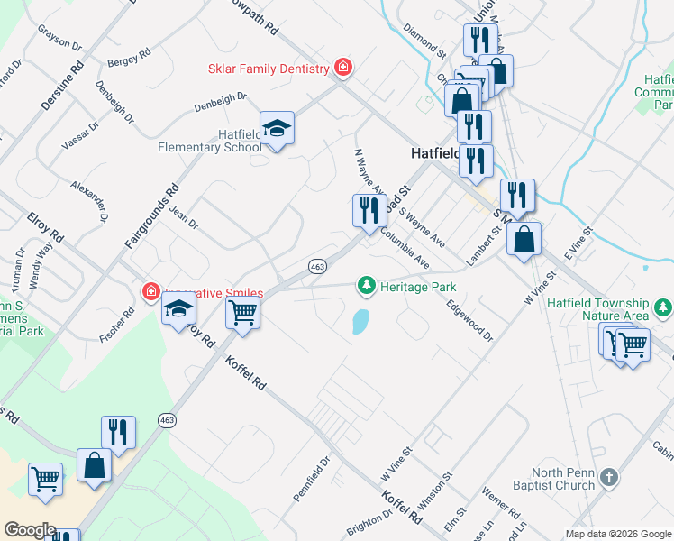 map of restaurants, bars, coffee shops, grocery stores, and more near 385 Towamencin Avenue in Hatfield