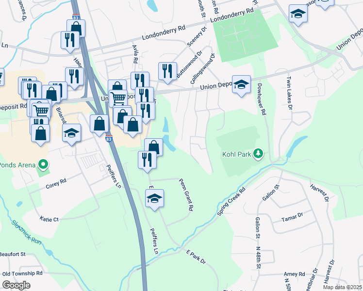 map of restaurants, bars, coffee shops, grocery stores, and more near 1063 Acri Drive in Harrisburg