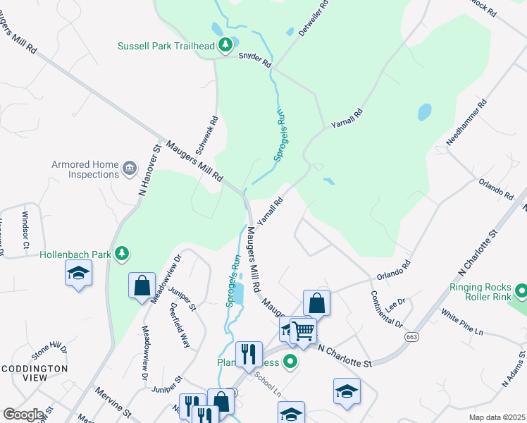map of restaurants, bars, coffee shops, grocery stores, and more near 1517 Yarnall Road in Pottstown