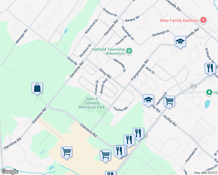 map of restaurants, bars, coffee shops, grocery stores, and more near 2853 Grant Avenue in Hatfield