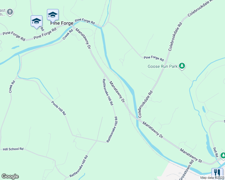 map of restaurants, bars, coffee shops, grocery stores, and more near 1438 Manatawny Drive in Boyertown