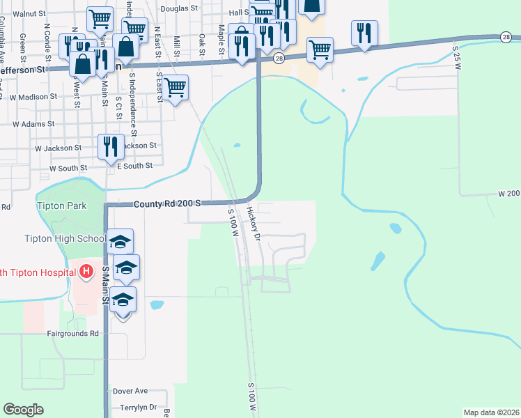 map of restaurants, bars, coffee shops, grocery stores, and more near 715 Willow Branch in Tipton