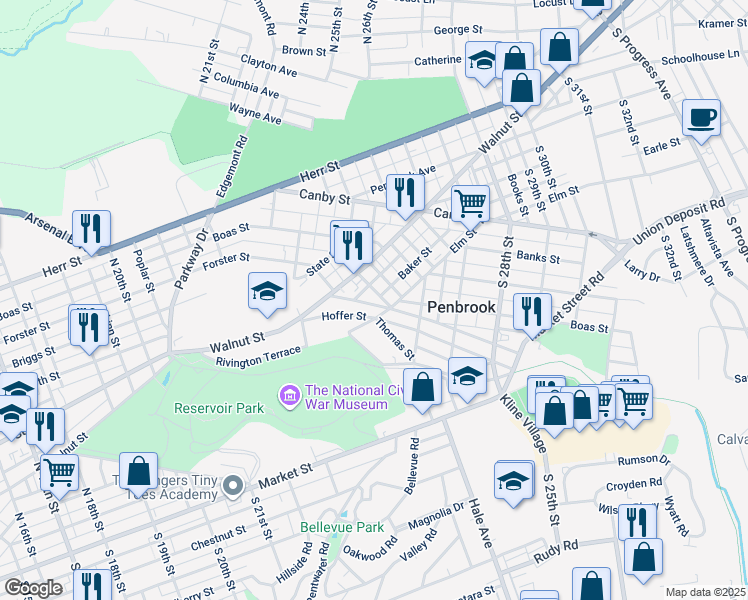 map of restaurants, bars, coffee shops, grocery stores, and more near 39 South 24th Street in Harrisburg
