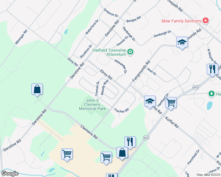 map of restaurants, bars, coffee shops, grocery stores, and more near 2853 Grant Avenue in Hatfield