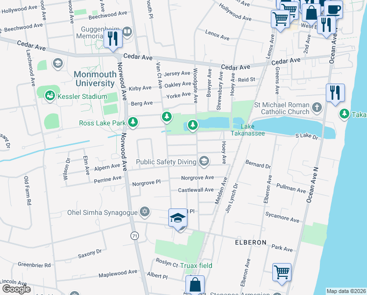 map of restaurants, bars, coffee shops, grocery stores, and more near 296 Lockwood Avenue in Long Branch