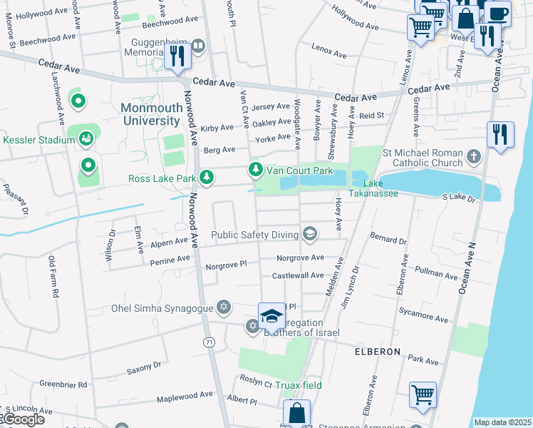map of restaurants, bars, coffee shops, grocery stores, and more near 296 Lockwood Avenue in Long Branch