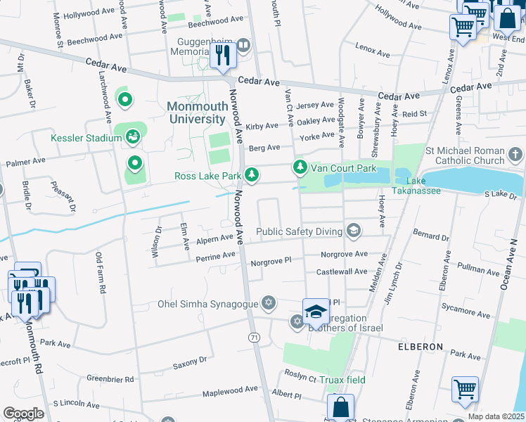 map of restaurants, bars, coffee shops, grocery stores, and more near 881 Red Oaks Drive in Long Branch
