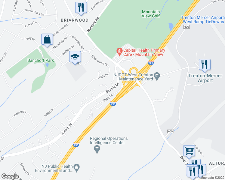 map of restaurants, bars, coffee shops, grocery stores, and more near 1828 Betty Lane in Ewing Township