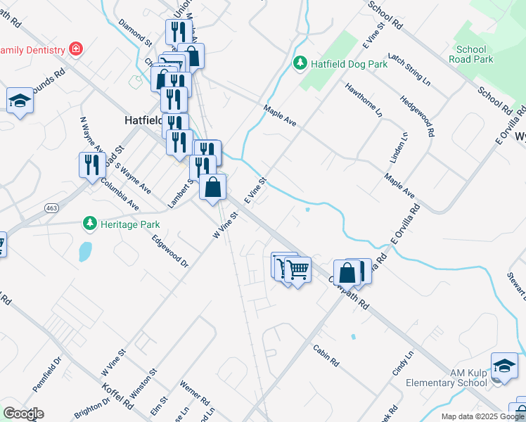 map of restaurants, bars, coffee shops, grocery stores, and more near 536 South Main Street in Hatfield