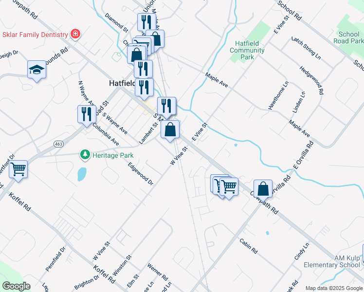 map of restaurants, bars, coffee shops, grocery stores, and more near 36 West Vine Street in Hatfield