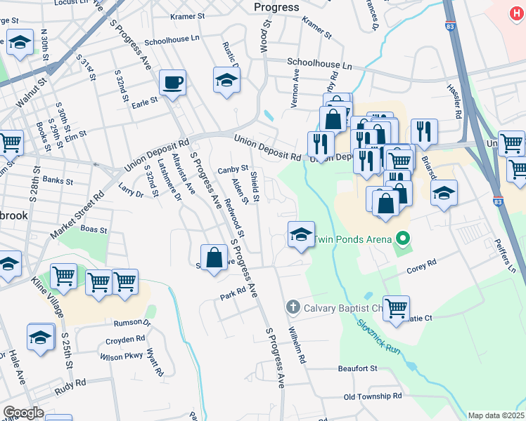 map of restaurants, bars, coffee shops, grocery stores, and more near 601 Wilhelm Road in Paxtang