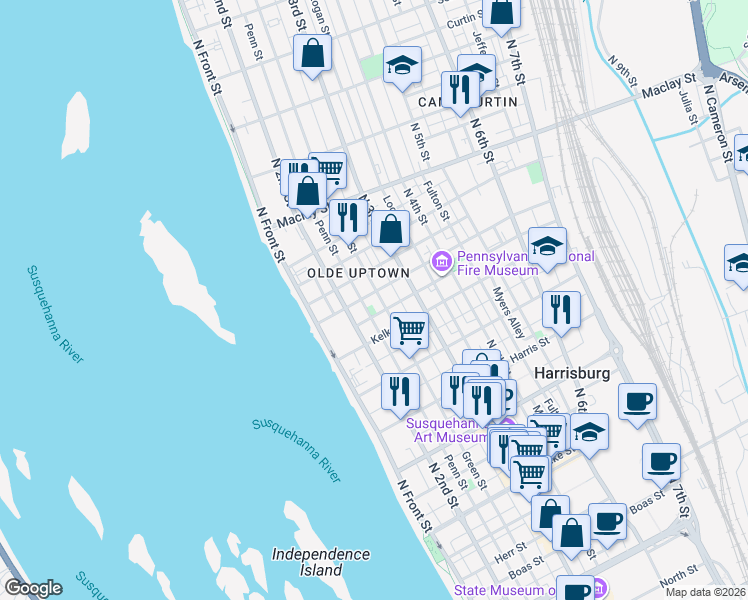 map of restaurants, bars, coffee shops, grocery stores, and more near 1804 Green Street in Harrisburg