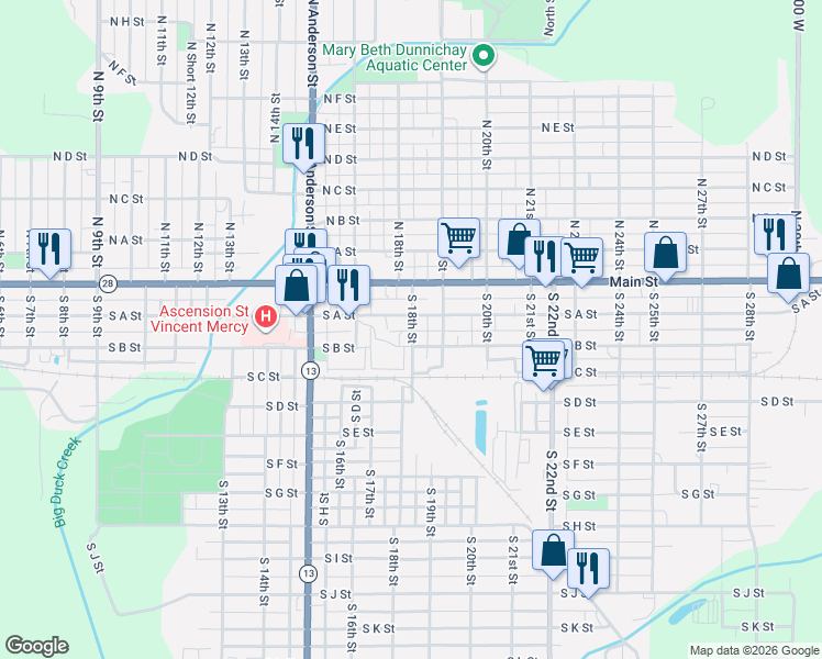 map of restaurants, bars, coffee shops, grocery stores, and more near 1807 South B Street in Elwood