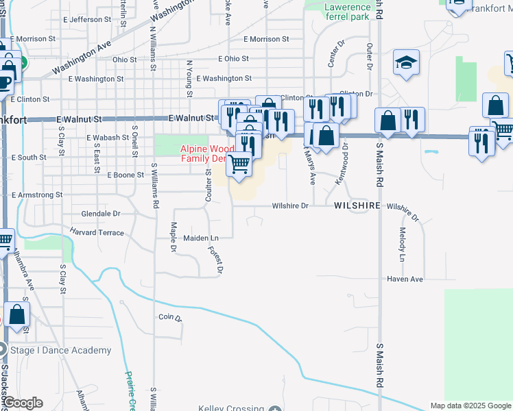 map of restaurants, bars, coffee shops, grocery stores, and more near 1411 Wilshire Court in Frankfort